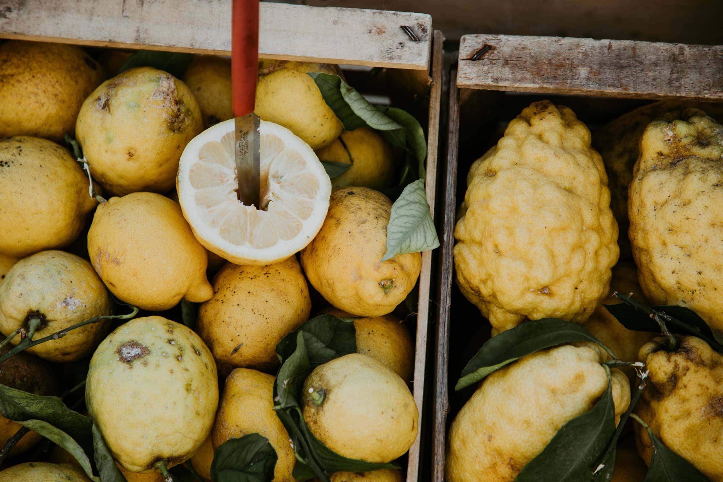 Lemons in a wooden crate from Amalfi