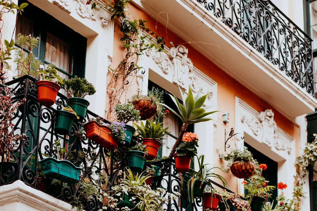 Balcony with colorful flower pots and plants.