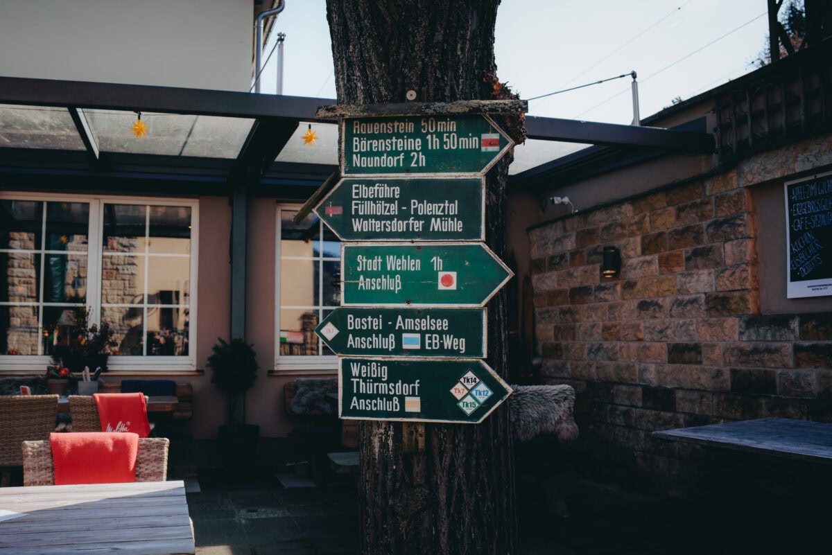 Wegweiser an Baum vor Caféterrasse