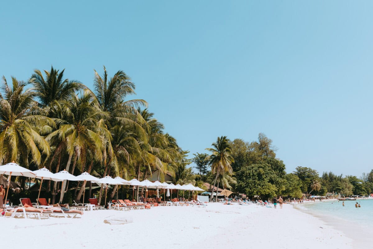 Palm beach with sun loungers and turquoise sea
