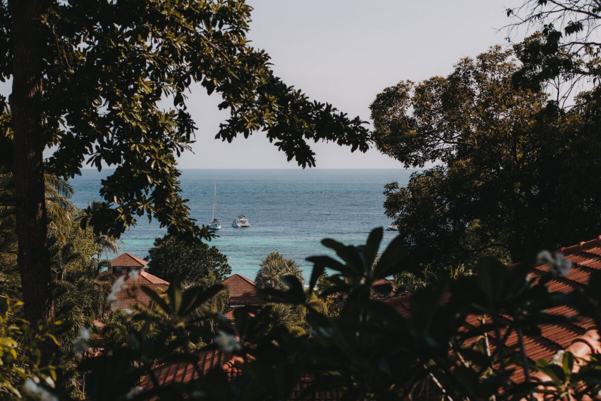 Tropical sea view with boats and red roofs