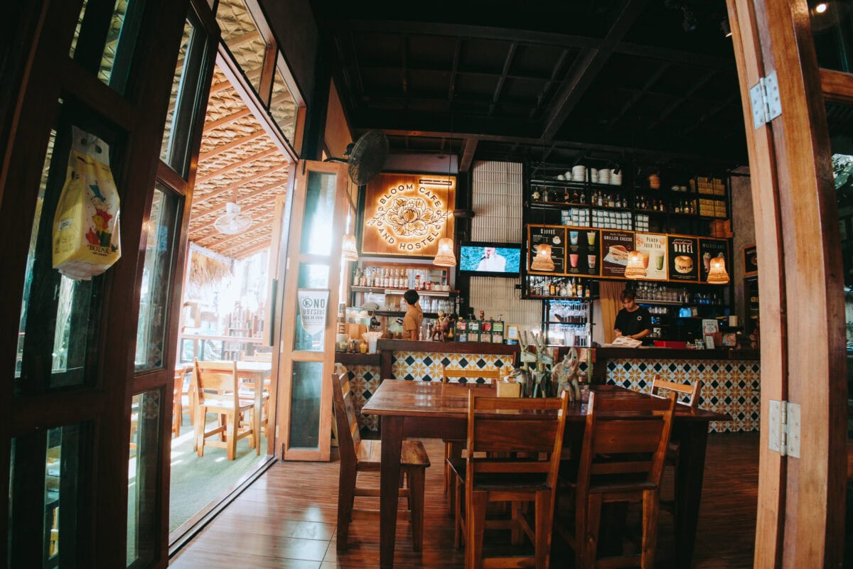 Cozy café with wooden tables and bar