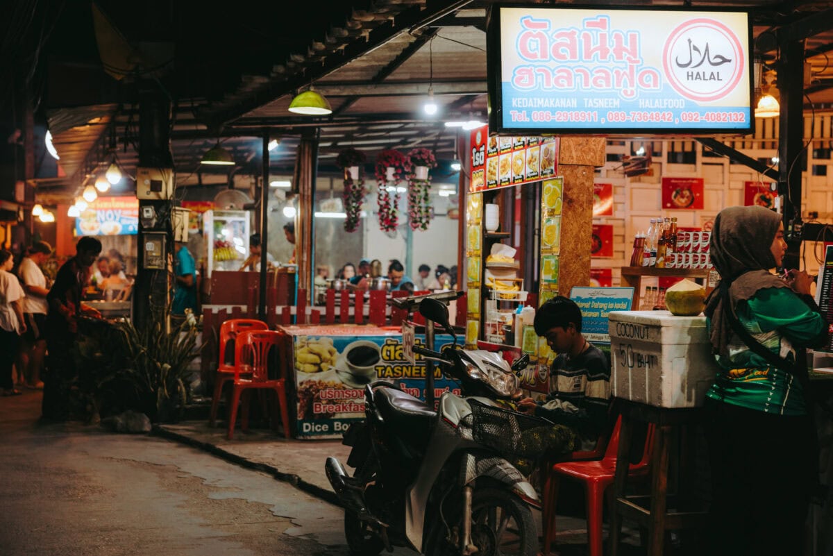 Busy halal street food stall at night