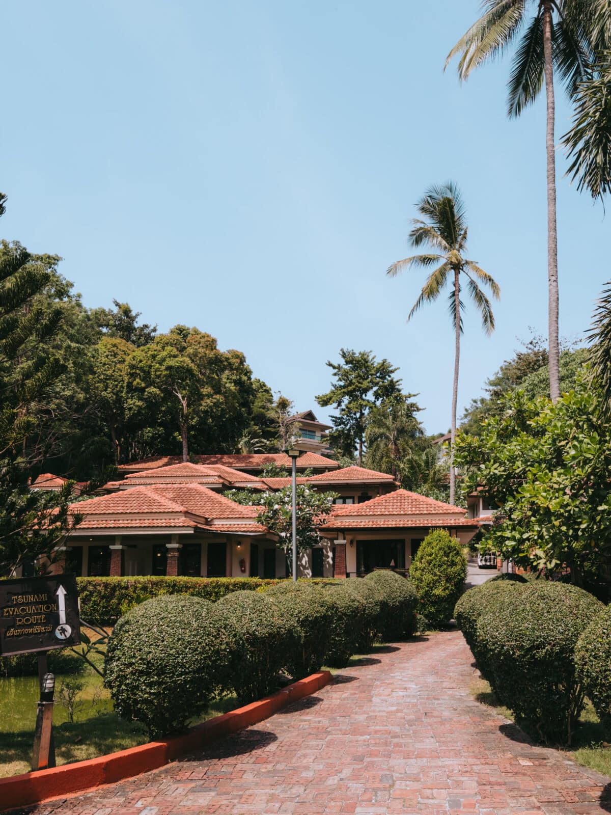 Tropical resort with palm trees and red roofs